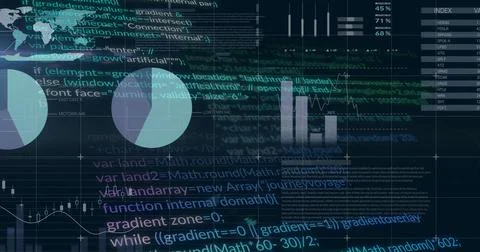 Displaying digital dashboard showing code text, data charts, world map 스톡 일러스트