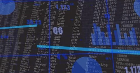 Displaying digital dashboard showing dense code table on monitor, with ERROR, Stock Illustration