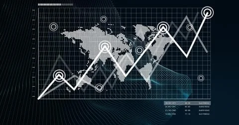 Displaying digital dashboard showing dotted world map on screen, with white 스톡 일러스트