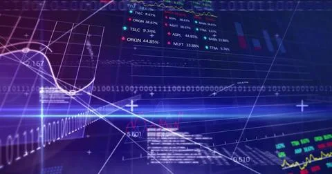 Displaying digital dashboard showing layered line graphs, candlestick bars, Stock Illustration