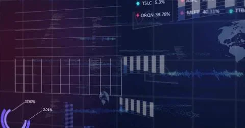 Displaying digital dashboard showing layered panels on monitor, with grid chart Stock Photos