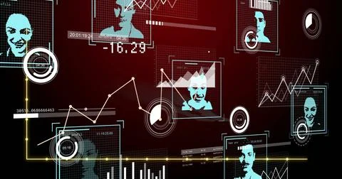 Displaying digital dashboard in virtual interface, featuring biometric scans, Fotos Stock