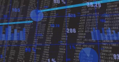 Displaying digital data dashboard showing codes on monitor, with blue bars and Illustrazione stock