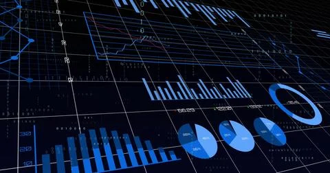 Displaying digital data dashboard on tilted 3D grid, showing bars, pies, lines, Illustrazione stock