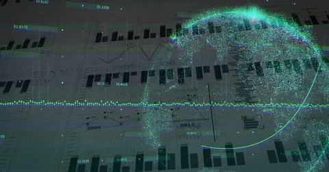 Displaying digital data globe rotating within virtual data dashboard, with chart Stock Illustration
