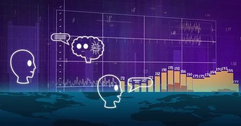 Displaying digital data grid with world map, showing AI head silhouettes and bar Stock Photos