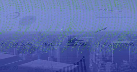 Displaying digital data overlay cascading over rooftops, with green binary Stock Photos