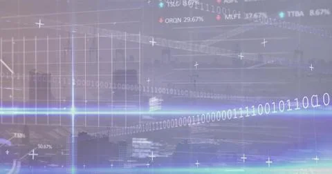 Displaying digital data overlay over skyline, with binary stream, glowing band, Foto stock