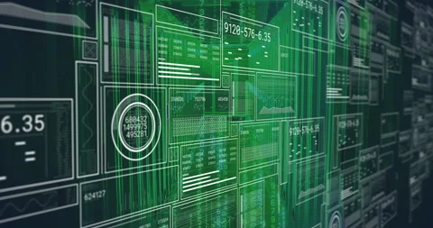 Displaying digital data panels and graphs, green futuristic interface with 動画素材 304856297