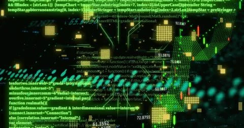 Displaying digital data view merging code lines, candlestick chart, numeric Stock Photos