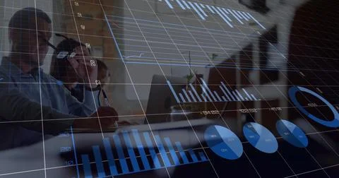 Displaying digital data visualizations overlaying meeting table, with laptop Stock Photos