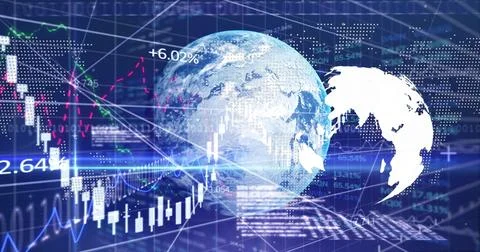 Displaying digital Earth globe hovering in data interface with candlestick Illustrazione stock