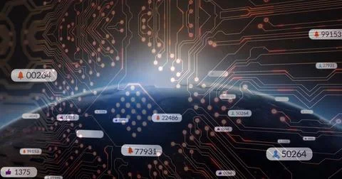 Displaying digital Earth globe orbiting virtual space, with glowing circuits and 스톡 일러스트