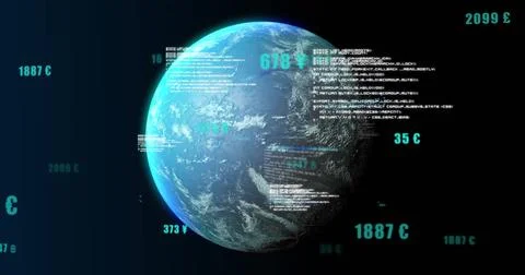 Displaying digital Earth globe rotating in 3D panel, with code and temperature Illustrazione stock