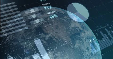 Displaying digital Earth globe in virtual interface, with bar charts, line Stock Photos