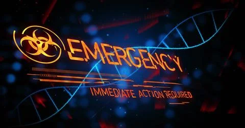 Displaying digital EMERGENCY alert on control HUD, with biohazard symbol and Stockillustratie