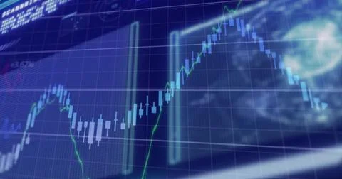 Displaying digital finance chart with light-blue candlestick bars on grid, Stock Photos