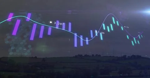 Displaying digital finance chart over rural horizon at dusk, with candlestick Illustrazione stock