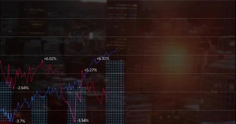 Displaying digital finance chart overlaying night skyline, with red blue line Ilustración de archivo