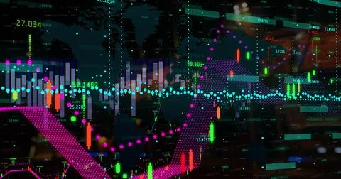 Displaying digital financial chart overlay on virtual trading dashboard, with 스톡 사진
