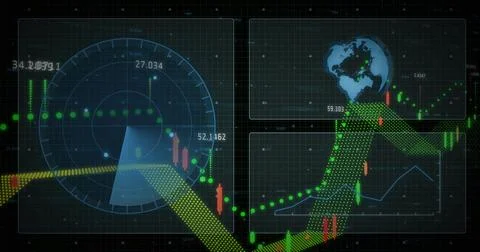 Displaying digital financial dashboard on dark grid, showing radar chart, Stock Photos