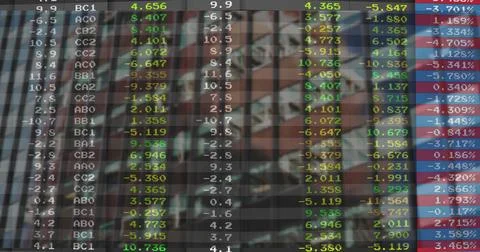 Displaying digital financial data grid covering desktop monitor, with colored Foto stock