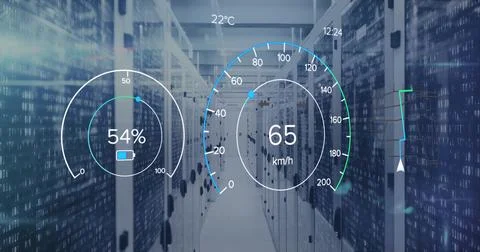 Displaying digital gauges over server racks in data center, showing capacity 스톡 일러스트