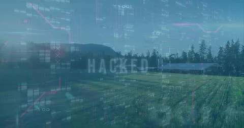 Displaying digital glitch overlay over grassy farm field, with barn, trees, Foto stock