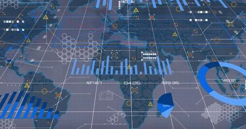 Displaying digital global map animating on control-room display, with bar charts Stock Photos