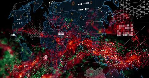 Displaying digital global map with red and green data points in virtual Illustrazione stock