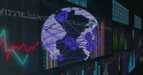 Displaying digital globe centered, showing linked node network across dark wide Stock Illustration