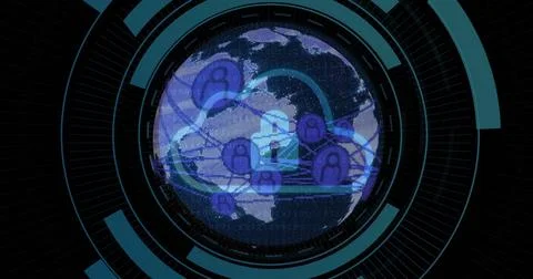 Displaying digital globe with curved lines and padlocks at futuristic circular Illustrazione stock