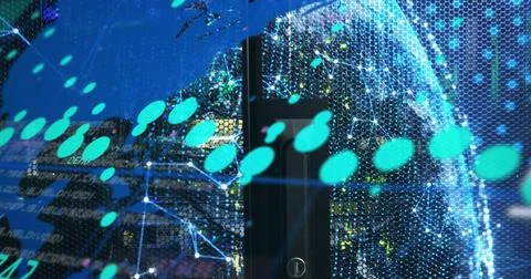 Displaying digital globe display occupying center of exhibition wall, with LED Stock Illustration