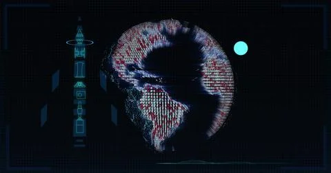 Displaying digital globe glitching across midline on HUD, with cyan schematic, Stock Illustration