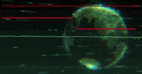 Displaying digital globe glitching on data display, red bars, pixels, green data Ilustração Stock