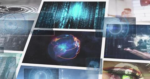 Displaying digital globe glowing network lines in virtual interface space, with 写真素材