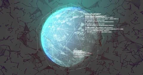 Displaying digital globe hovering in abstract network space, with code snippets Stock Illustration