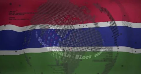 Displaying digital globe hovering over Gambian flag, with floating binary code Stock Illustration