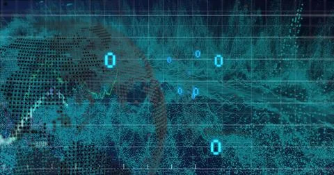 Displaying digital globe on left in data dashboard with grid lines and numeric Foto stock