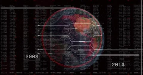 Displaying digital globe linking alphanumeric data columns with red overlay on Illustrazione stock