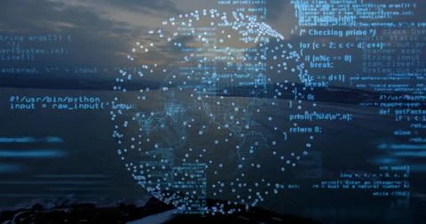 Displaying digital globe with lit node network over rocky shoreline at dusk f Stockfoto's