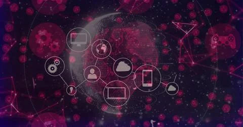 Displaying digital globe on network interface, linking technology icons and Stock Photos