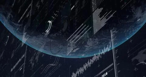 Displaying digital globe occupying left of dashboard, with translucent data Illustrazione stock