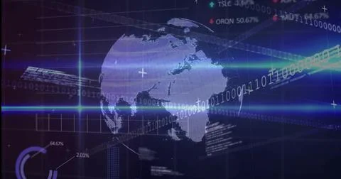 Displaying digital globe over dark interface with binary code streams and num イラスト素材