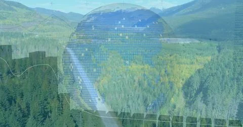 Displaying digital globe with pixel grid, data charts in forest valley, with Foto stock