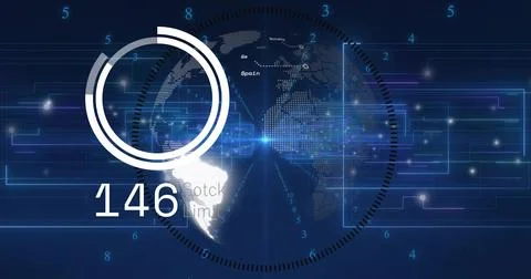 Displaying digital globe with ring overlay showing 146 at dashboard, with Illustrazione stock