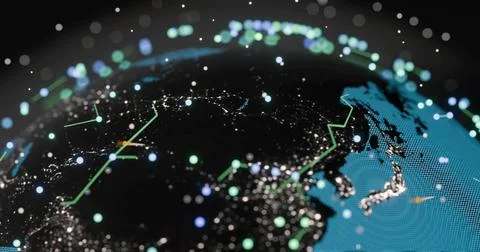 Displaying digital globe rotating in dark void, showing city lights, neon lines, Stock Photos