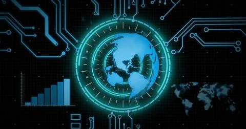 Displaying digital globe scanning in grid interface with bar chart, world map, Stock Photos