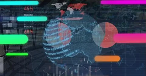 Displaying digital globe scrolling code text at control hub with color bars, 写真素材