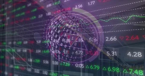 Displaying digital globe streaming binary code over corporate façade, with stock Stockfoto's